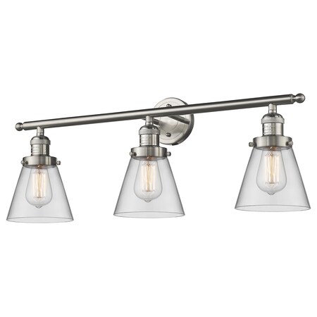 Innovations Lighting Small Cone 3-Vintage Dimmable Led 30 " Brushed Satin Nickel Bathroom Fixture w/ Clear Glass, 529890 205-SN-G62-LED